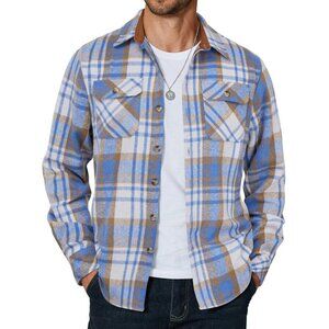 Coofandy Men Light Blue Flannel Plaid Button Down Jacket Shirt with Pockets
